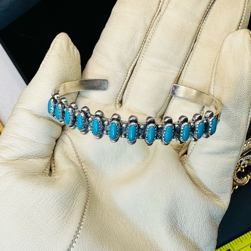 Vintage Native 925 Silver And Turquoise Cuff Bracelet, Bell Trading Post, 6.5”